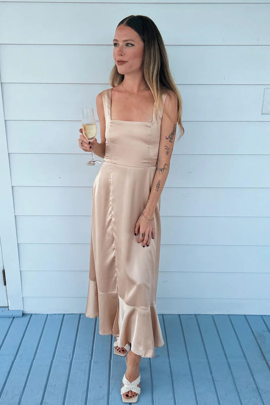 Square Neck Champagne Bridesmaid Dress With Front Slit