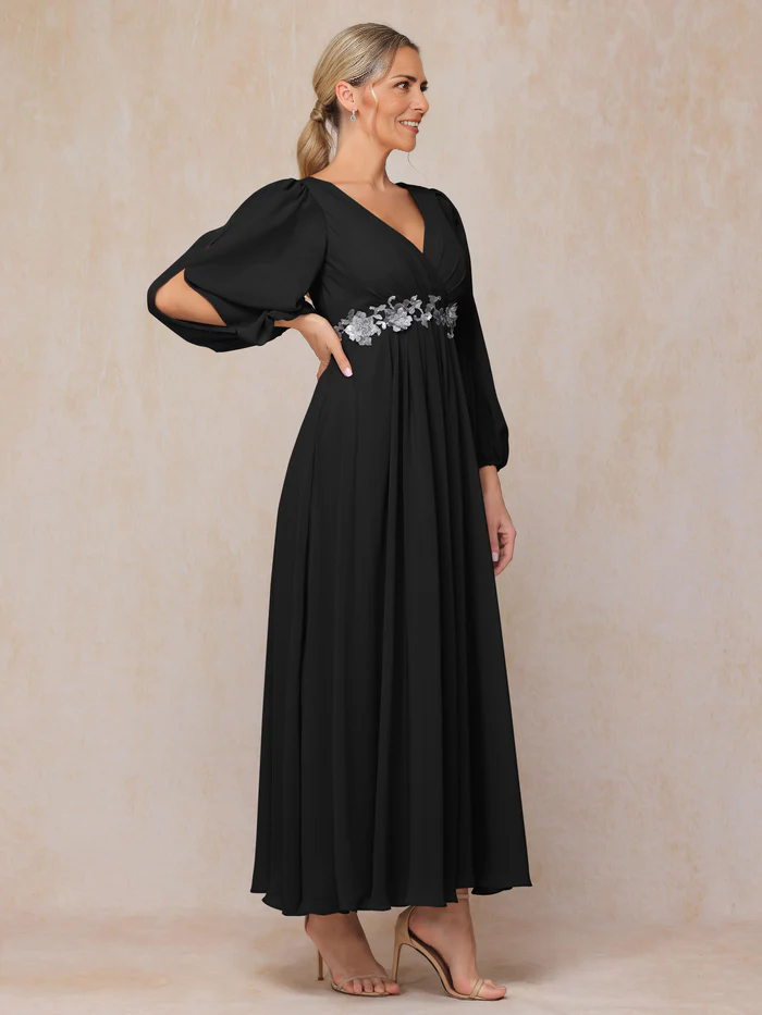 Long Sleeves V Neck Ankle Length Chiffon Mother Of The Bride Dress