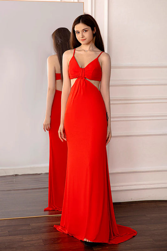 Open Back Red Prom Dress Spaghetti Strap Floor-length Dress