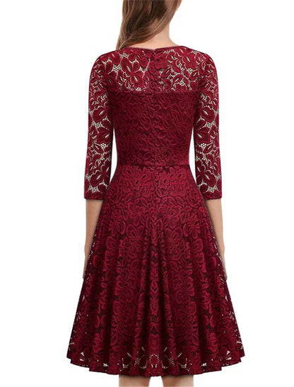 Lace Dress Party Dress Lace Patchwork V Neck 3/4 Length Sleeve Midi Dress