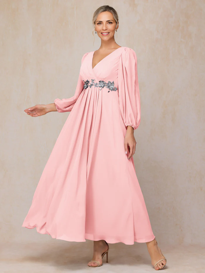 Long Sleeves V Neck Ankle Length Chiffon Mother Of The Bride Dress