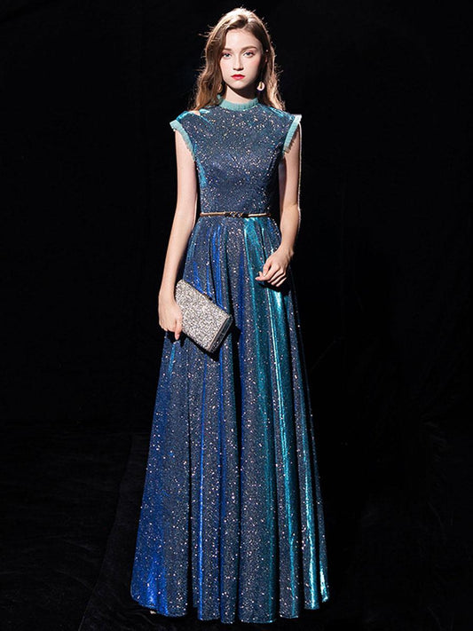 A-Line Ball Gown Jewel Neck Sequined Floor-Length Sash Formal Evening Dress