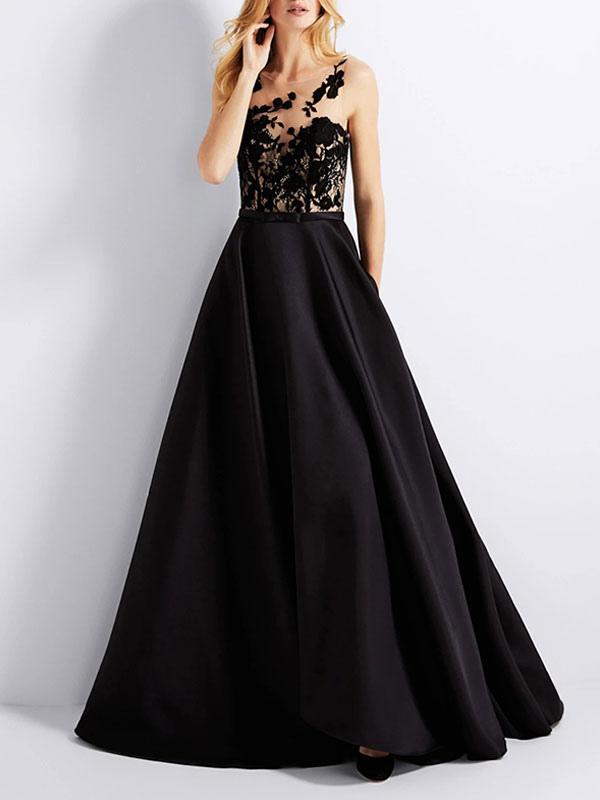 A-Line Jewel Neck Satin Fabric Lace Social Party Dresses Evening Dresses