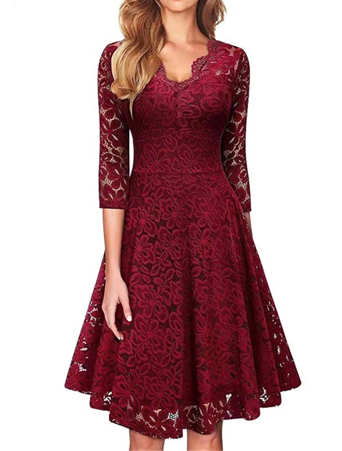 Lace Dress Party Dress Lace Patchwork V Neck 3/4 Length Sleeve Midi Dress