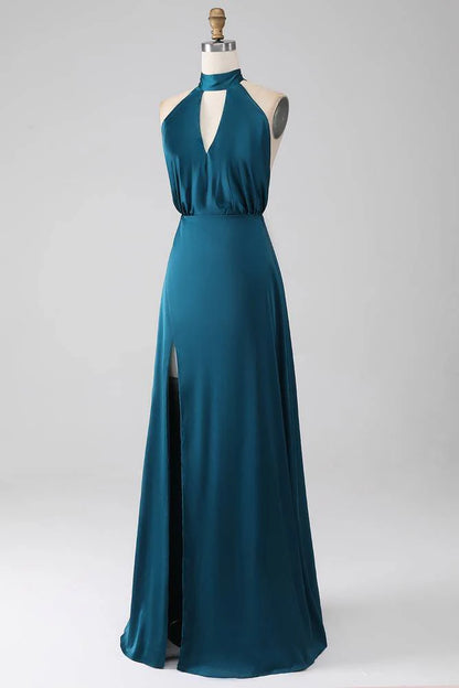 Teal High Neck Keyhole A-Line Slit Wedding Guest Party Dress