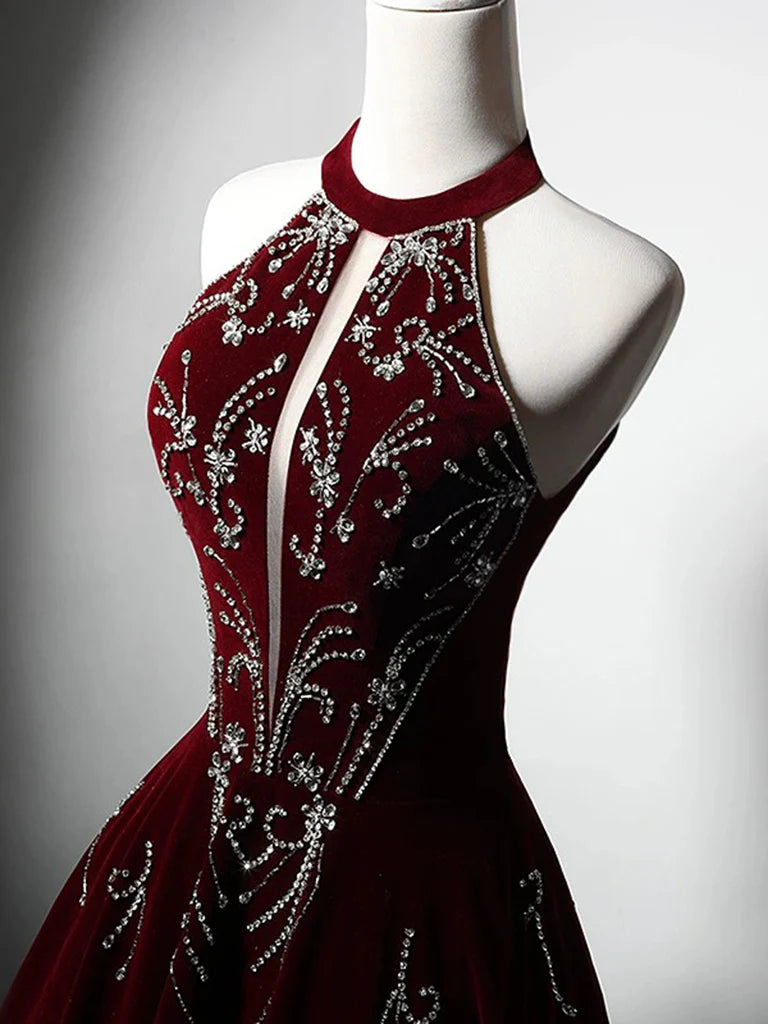 A-Line Velvet Sequin Beads Burgundy Long Prom Dress Formal Evening Dress