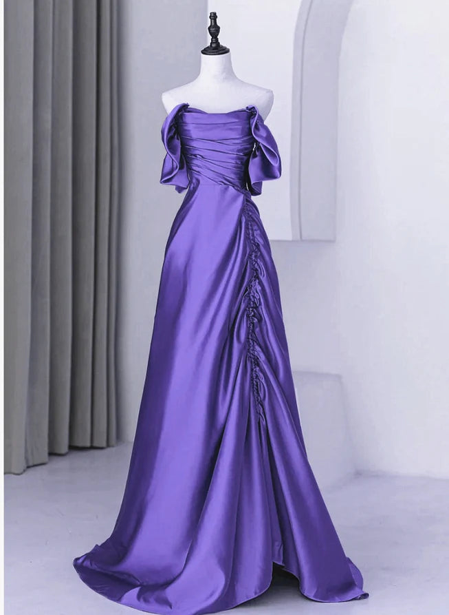 Beautiful Purple Satin Off Shoulder Formal Dress Satin Evening Dress