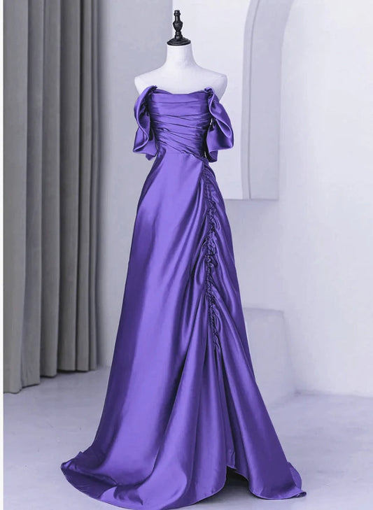 Beautiful Purple Satin Off Shoulder Formal Dress Satin Evening Dress