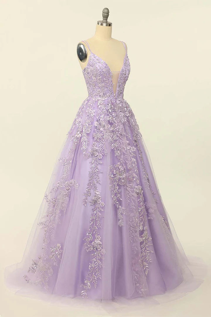 A-Line Princess Deep V-Neck Lilac Princess Long Prom Dress with Appliques