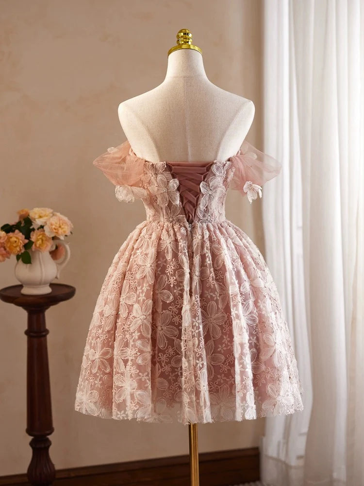 A-Line Off Shoulder Tulle Lace Pink Homecoming Dress