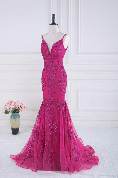 Magenta Sequin Straps V-Neck Sequin Appliques Mermaid Prom Dress