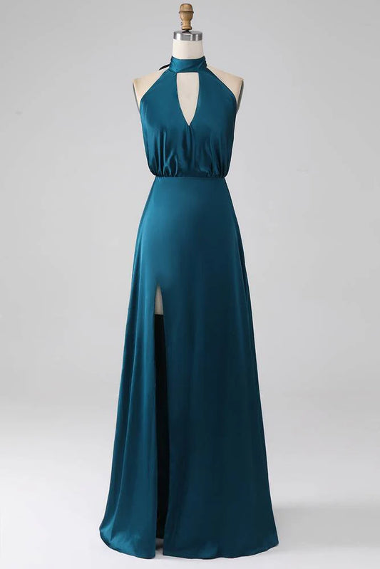 Teal High Neck Keyhole A-Line Slit Wedding Guest Party Dress