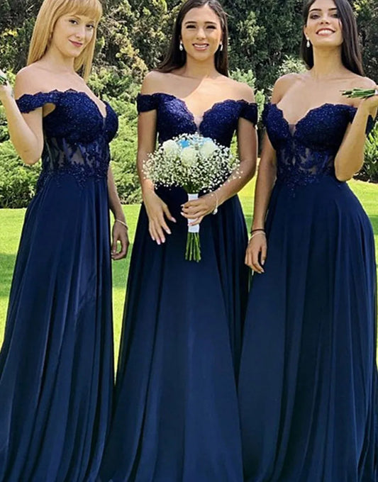 A-Line Off The Shoulder Corset Sweep Train Floor-length Bridesmaid Dress