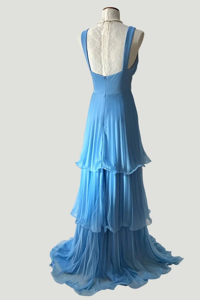 Straps Blue Corset Pleated Tiered Sweetheart Maxi Dress