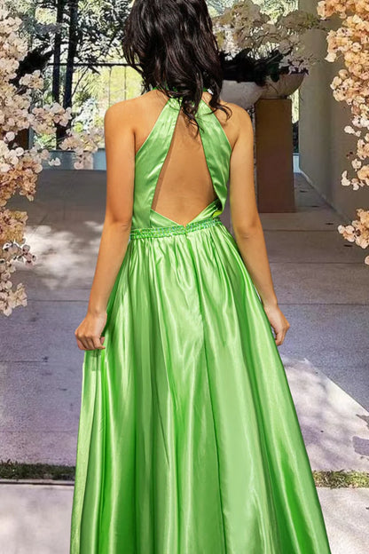 Halterneck Green Slit Floor-length Prom Dress with Keyhole