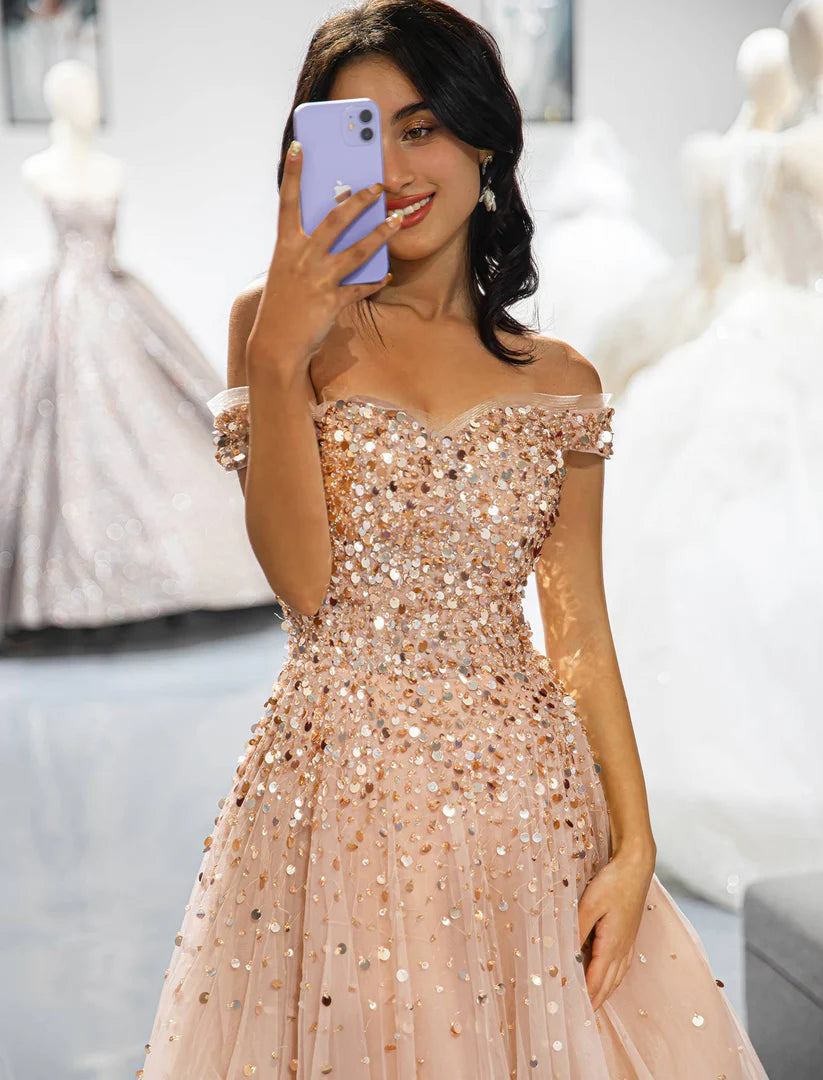 Champagne A-Line Princess Off the Shoulder Beaded Floor-length Prom Dress