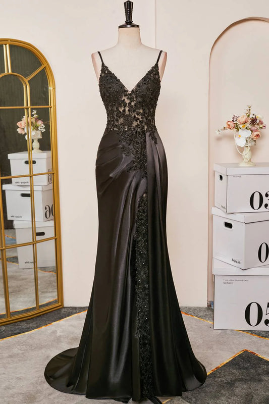 V-Neck Black Lace Corset Mermaid Prom Dress with Slit