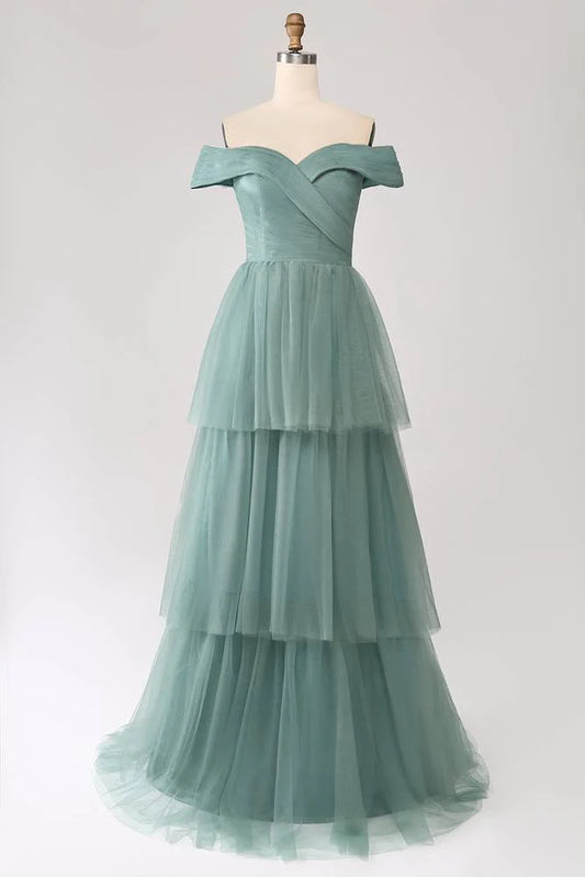 A-Line Princess Off the Shoulder Dusty Green Layered Tulle Maxi Dress