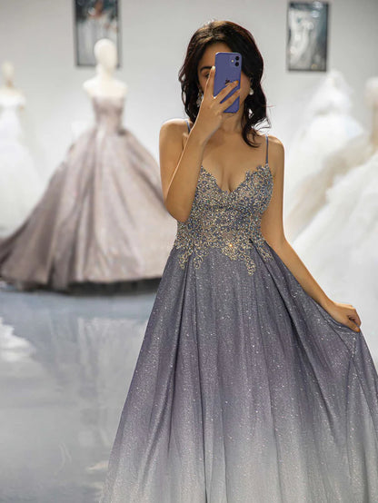 A-Line Princess Gradient Glitter Beaded Prom Dress With Lace Up Back