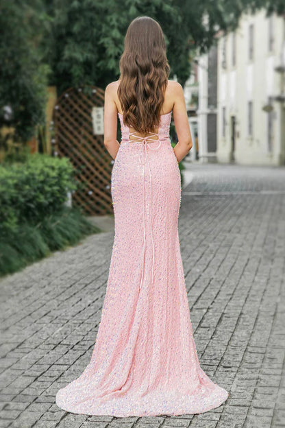 Pink Sequin V-Neck High Slit Prom Dress Sweep/Brush Train Dresses