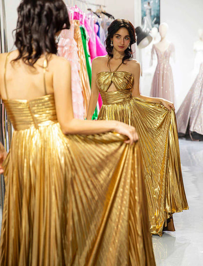 A-Line Gold Metallic Keyhole Floor-length Prom Dress With Slit