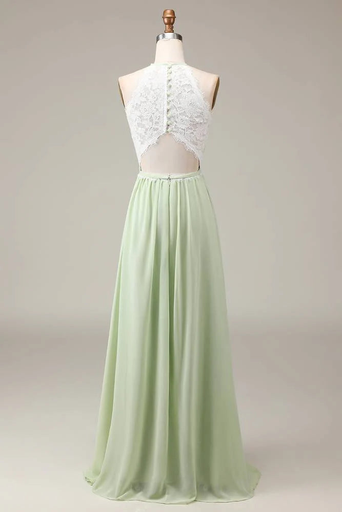 Mint Green Lace Top A-Line Halterneck Floor-length Maxi Dress