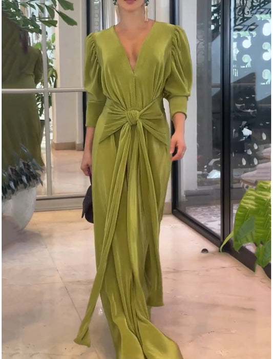 Prom Dress Party Dress V Neck Long Sleeve Green Spring Winter