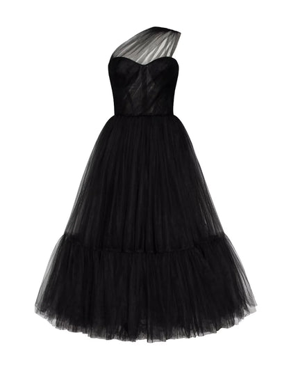 A-Line Puffy Fairy Homecoming Wedding Guest Dress One Shoulder Sleeveless Ankle Length Tulle with Pleats Pure Color