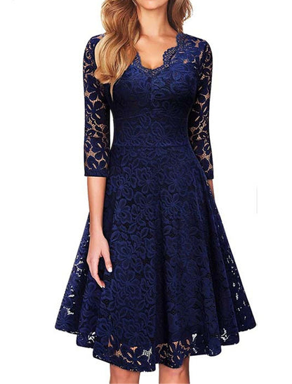 Lace Dress Party Dress Lace Patchwork V Neck 3/4 Length Sleeve Midi Dress