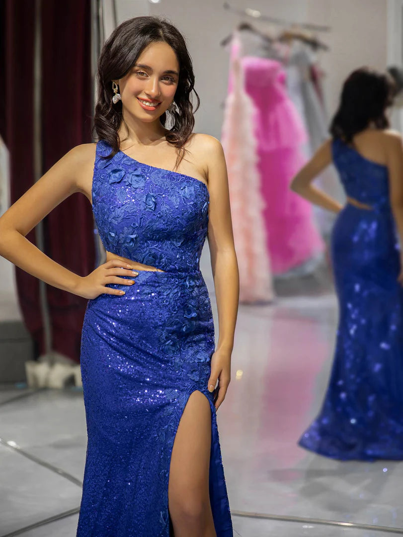 One Shoulder Royal Blue High Slit Prom Dress Sweep/Brush Train Dresses