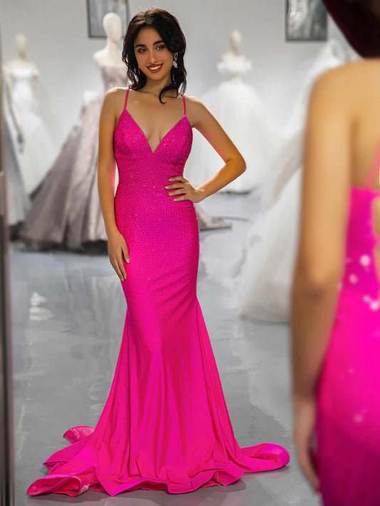 Deep V-Neck With Lace Up Back Fitted Pink Beaded Prom Dress Sweep/Brush Train Dresses