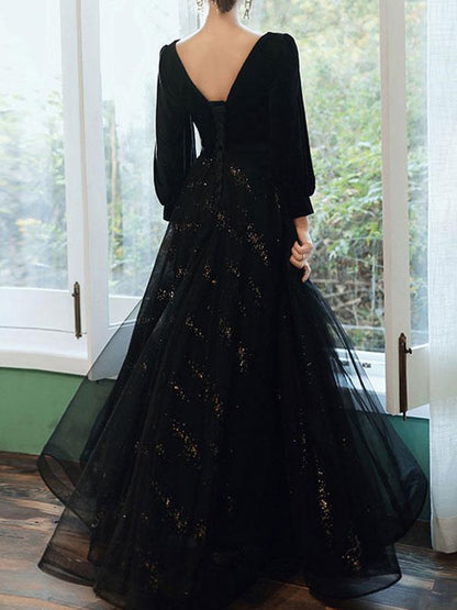 A-Line V-Neck Velvet Floor-Length Long Sleeves Lace-up Lace Formal Evening Dresses