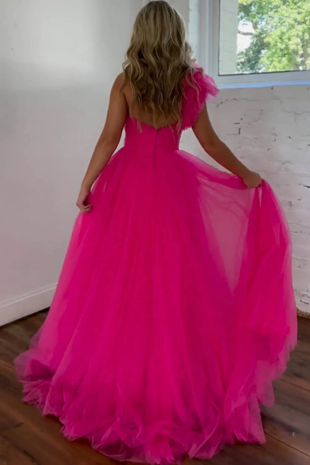 A-Line Princess One Shoulder Fuchsia Long Prom Dress with Split Front