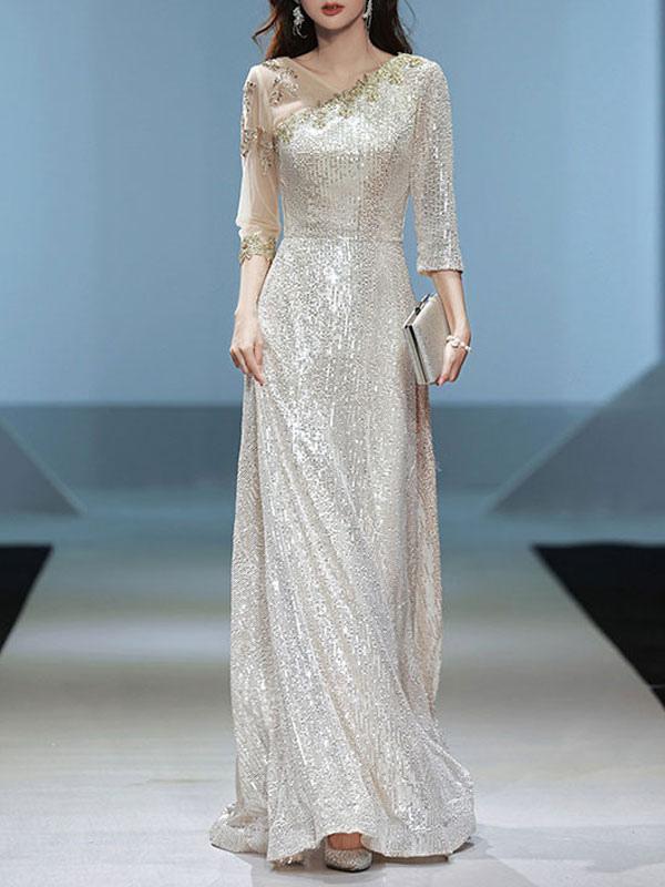 A-Line V-Neck Floor-Length Half Sleeves Sequined Evening Dresses