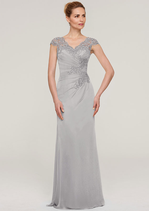 V Neck Sleeveless Chiffon Mother of the Bride Dress With Pleated Appliqued Beading