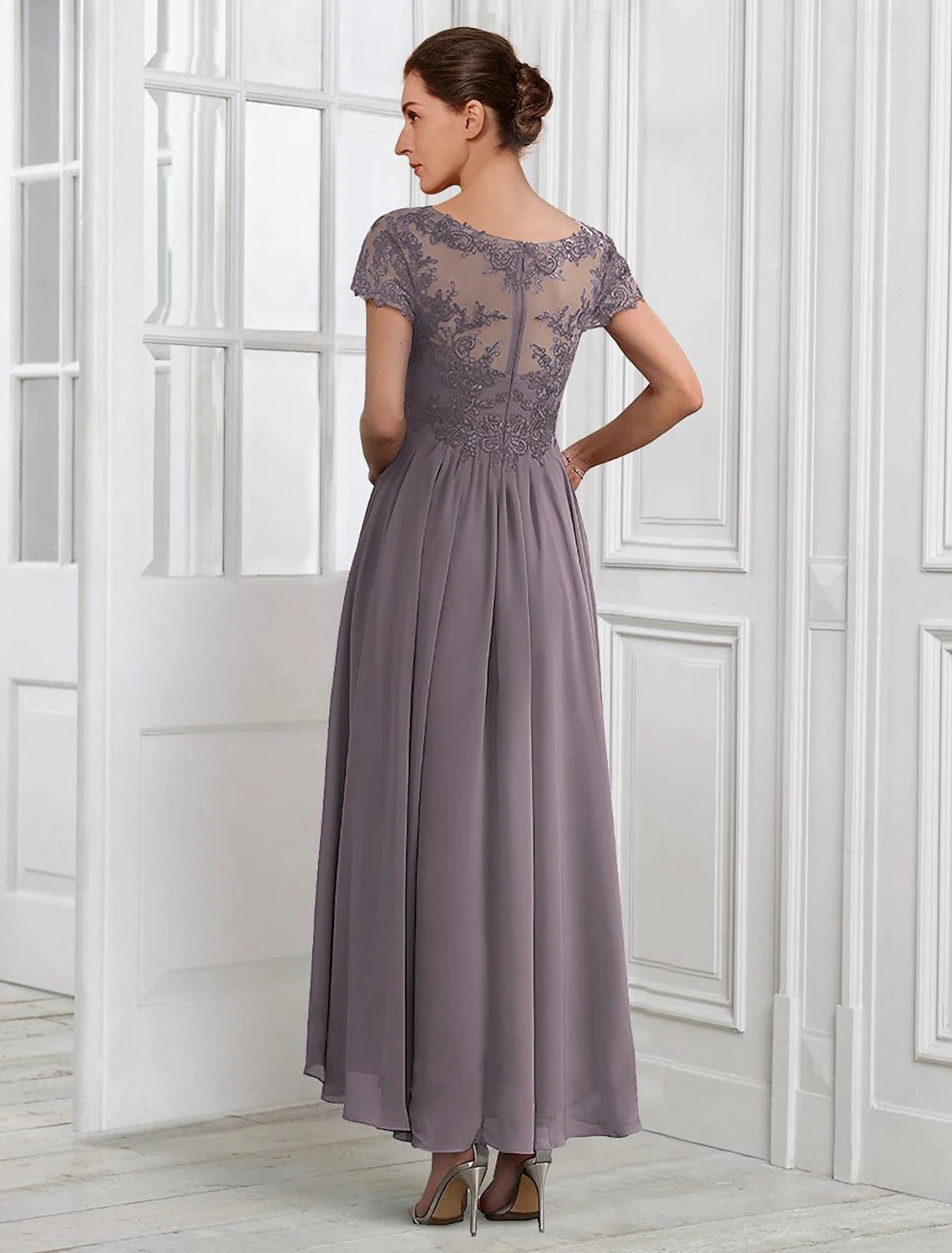 A-Line Mother of the Bride Dress Wedding Guest Elegant V Neck Tea Length Chiffon Lace Jacket Dresses with Pleats Appliques