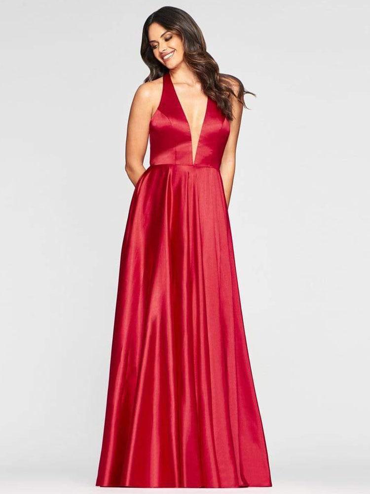 A-Line V-Neck Satin Halter Sleeveless Evening Dresses Long Wedding Guest Dresses