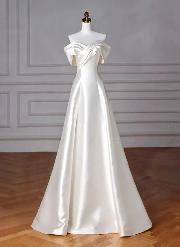 White Satin Off Shoulder A-line Long Party Dress Prom Dress