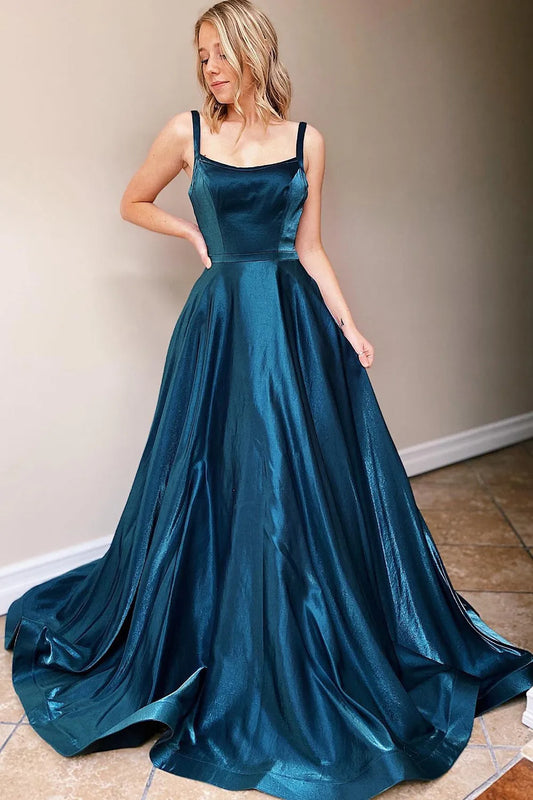 Navy Satin Spaghetti Straps A-Line Floor-length Prom Dress Sweep/Brush Train Dresses