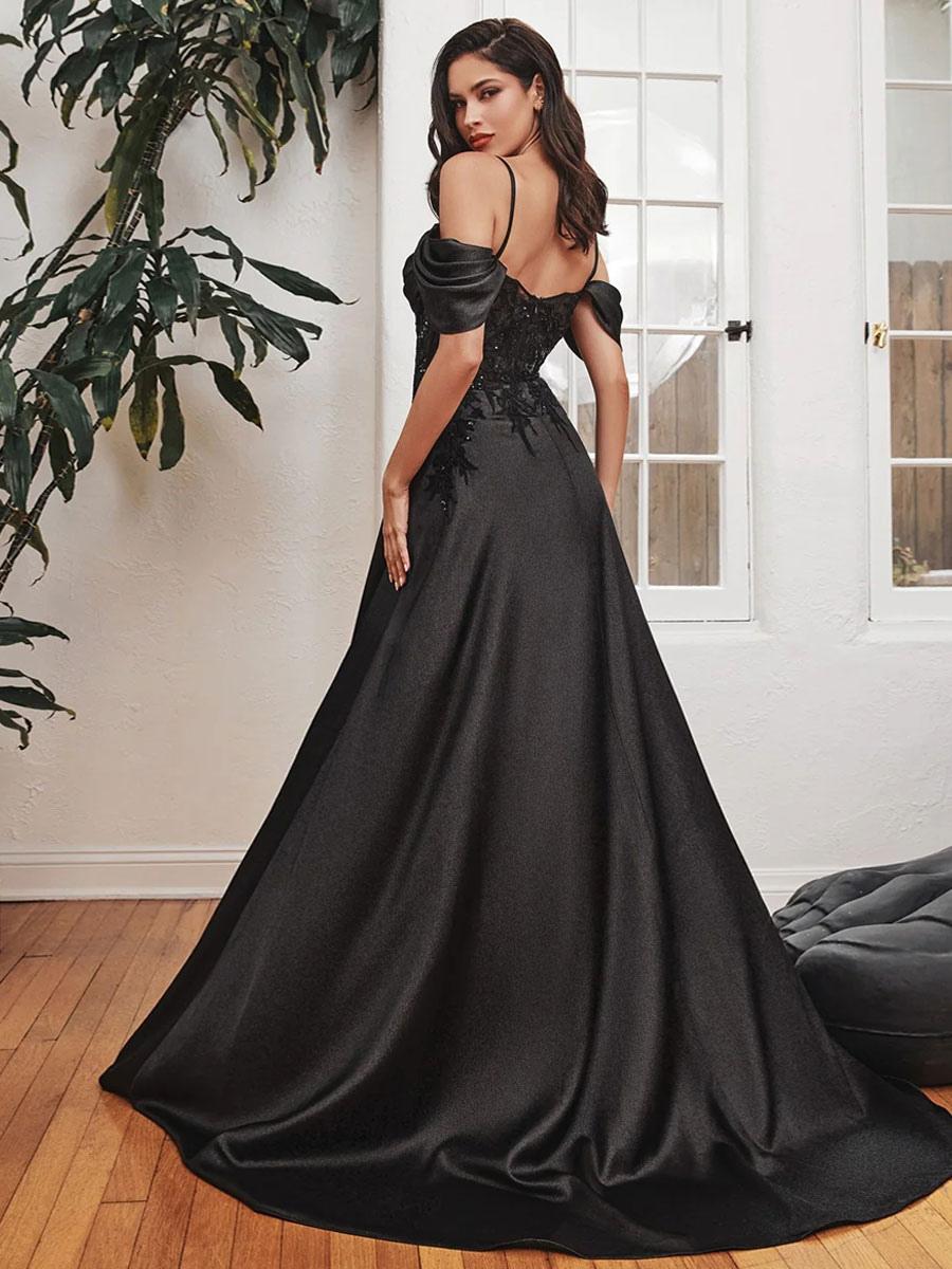 A-Line Square Neck With Train Sleeveless Backless Split Front Satin Formal Evening Dresses With Sweep Train