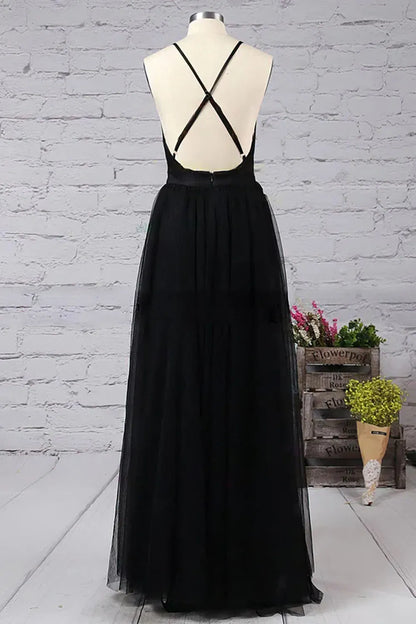 A-Line Tulle Black Deep V-neck Tulle Prom Dress Evening Dresses