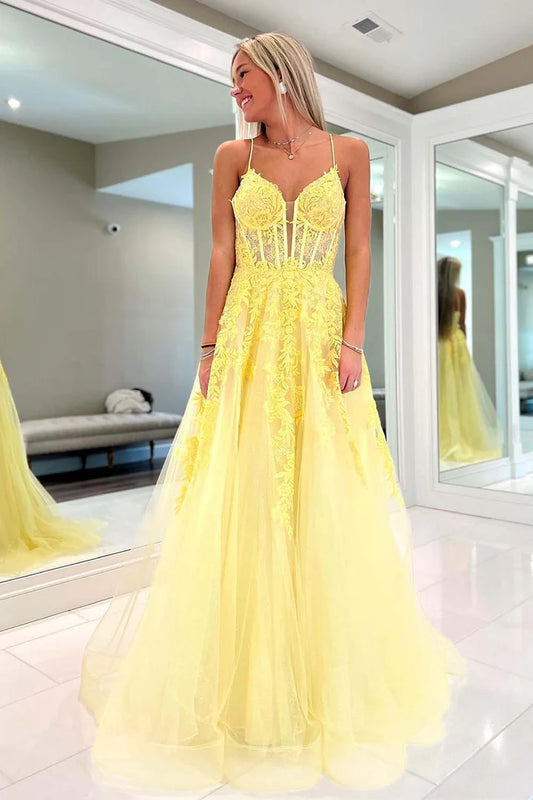 A-Line Princess Tulle Yellow Corset Long Prom Dress