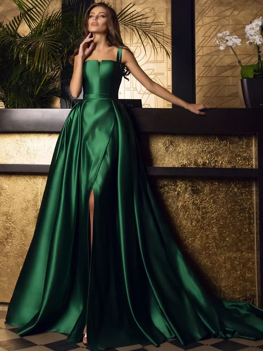 A-Line Square Neck Floor-Length Sleeveless Satin Evening Dress With Sweep Train