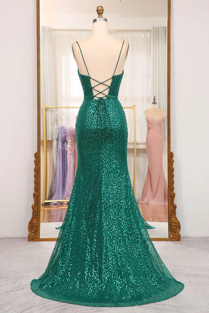 Sparkly Mermaid Spaghetti Straps Dark Green Long Prom Dress with Split Front