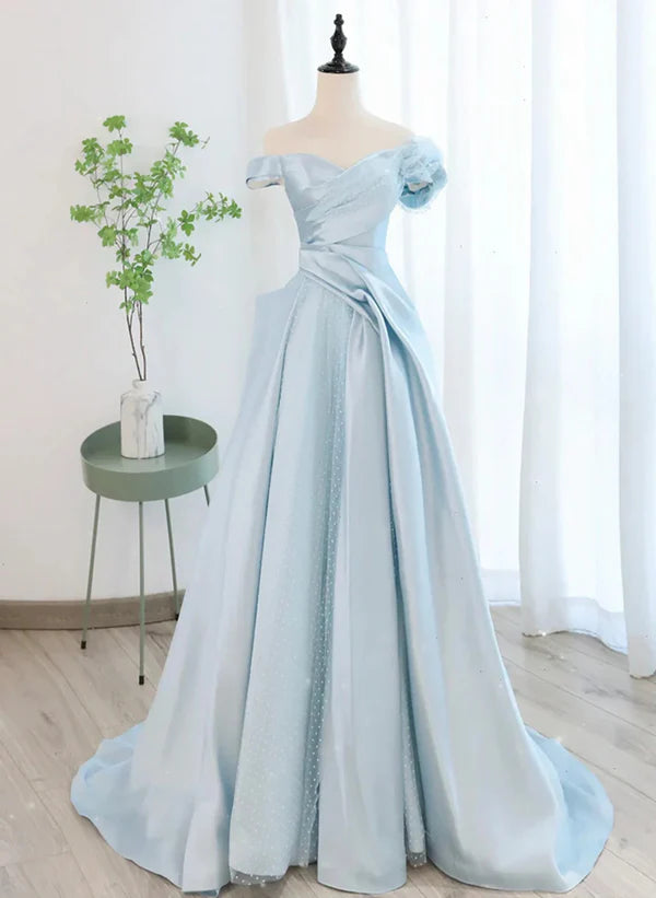 Blue Satin A-line Off Shoulder Long Party Dress with Tulle Blue Evening Dress Prom Dress