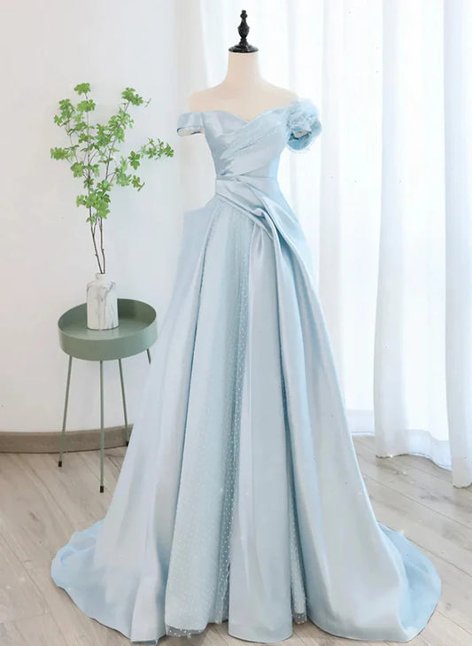 Blue Satin A-line Off Shoulder Long Party Dress with Tulle Blue Evening Dress Prom Dress