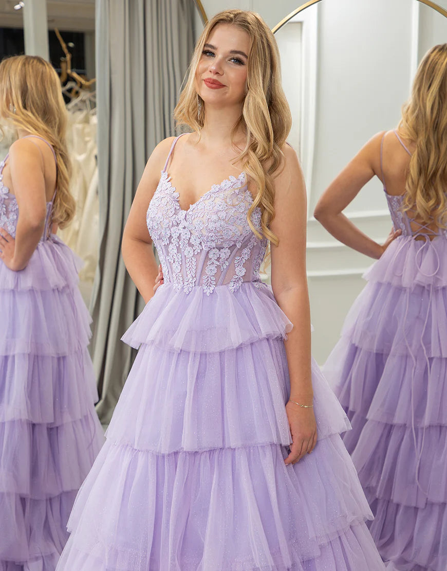 Lilac A Line Princess V-Neck Tiered Long Prom Dress With Appliques