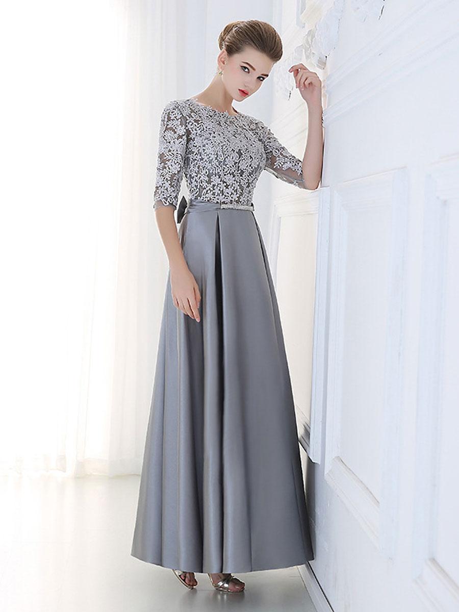 A-Line Jewel Neck Evening Dress Floor-Length Sleeveless Zipper Applique Satin Wedding Guest Party Dresses