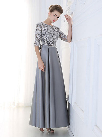 A-Line Jewel Neck Evening Dress Floor-Length Sleeveless Zipper Applique Satin Wedding Guest Party Dresses