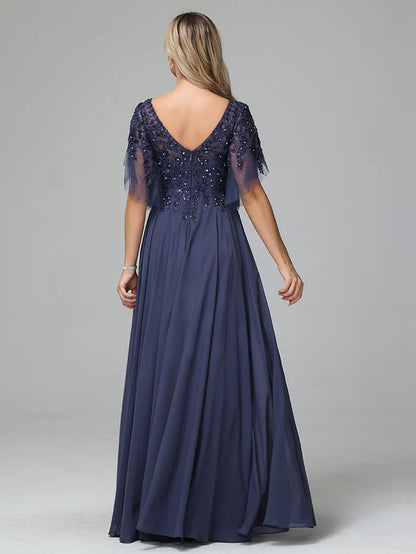 Chiffon V Neck Lace Appliques Mother of the Bride Dress